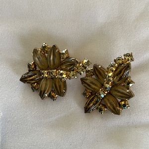 Vintage Clip On Earrings Statement Citron Color Rhinestones EUC